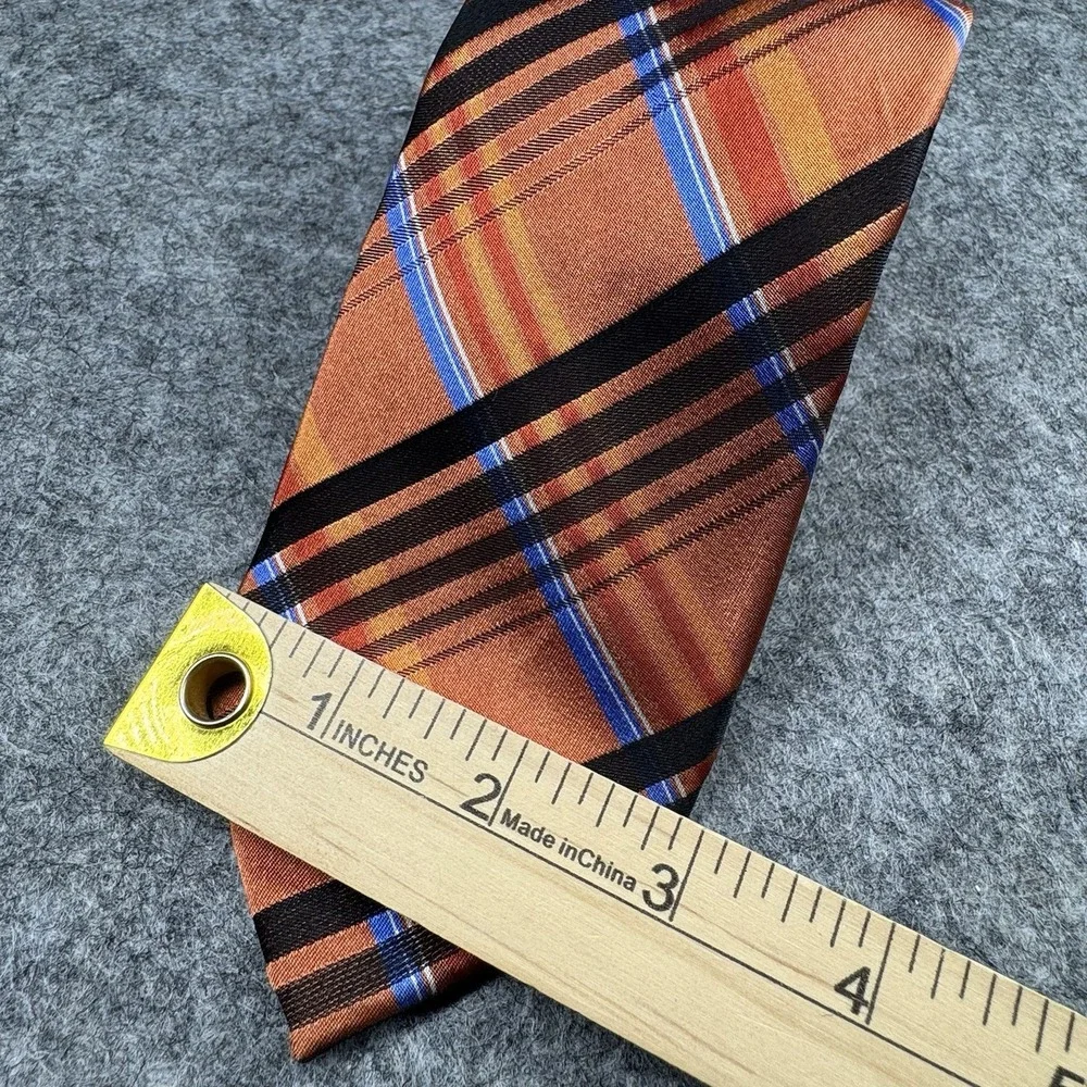 Perry Ellis Silk Tie Men's‎ Orange Blue Black Plaid 100% Silk Classic Business